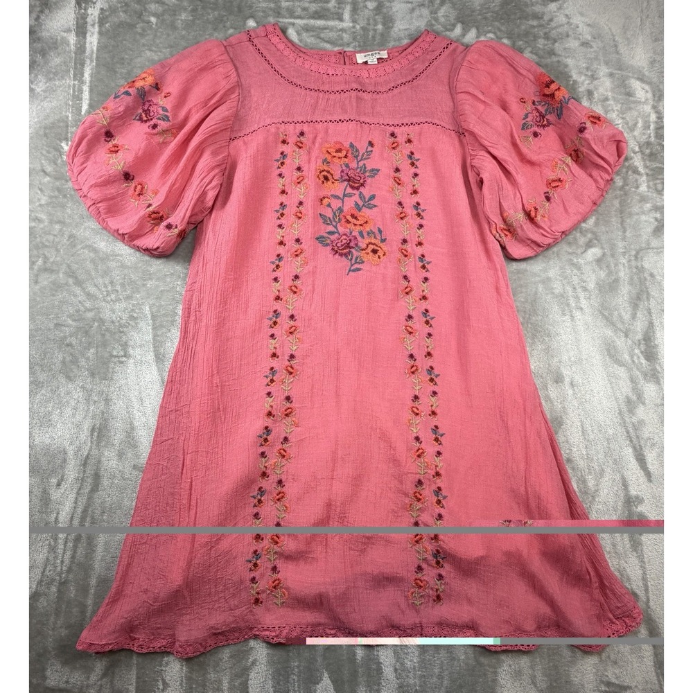 Umgee Dress Women's Medium Embroidered Floral Print Puff Short Sleeve Babydoll